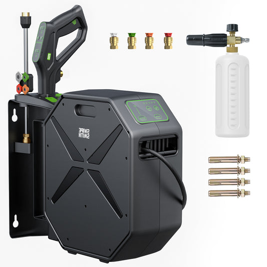 SWIPESMITH Wall-Mounted Pressure Washer, Remote Controlled Power Washer with 100ft Replaceable & Retractable Reel