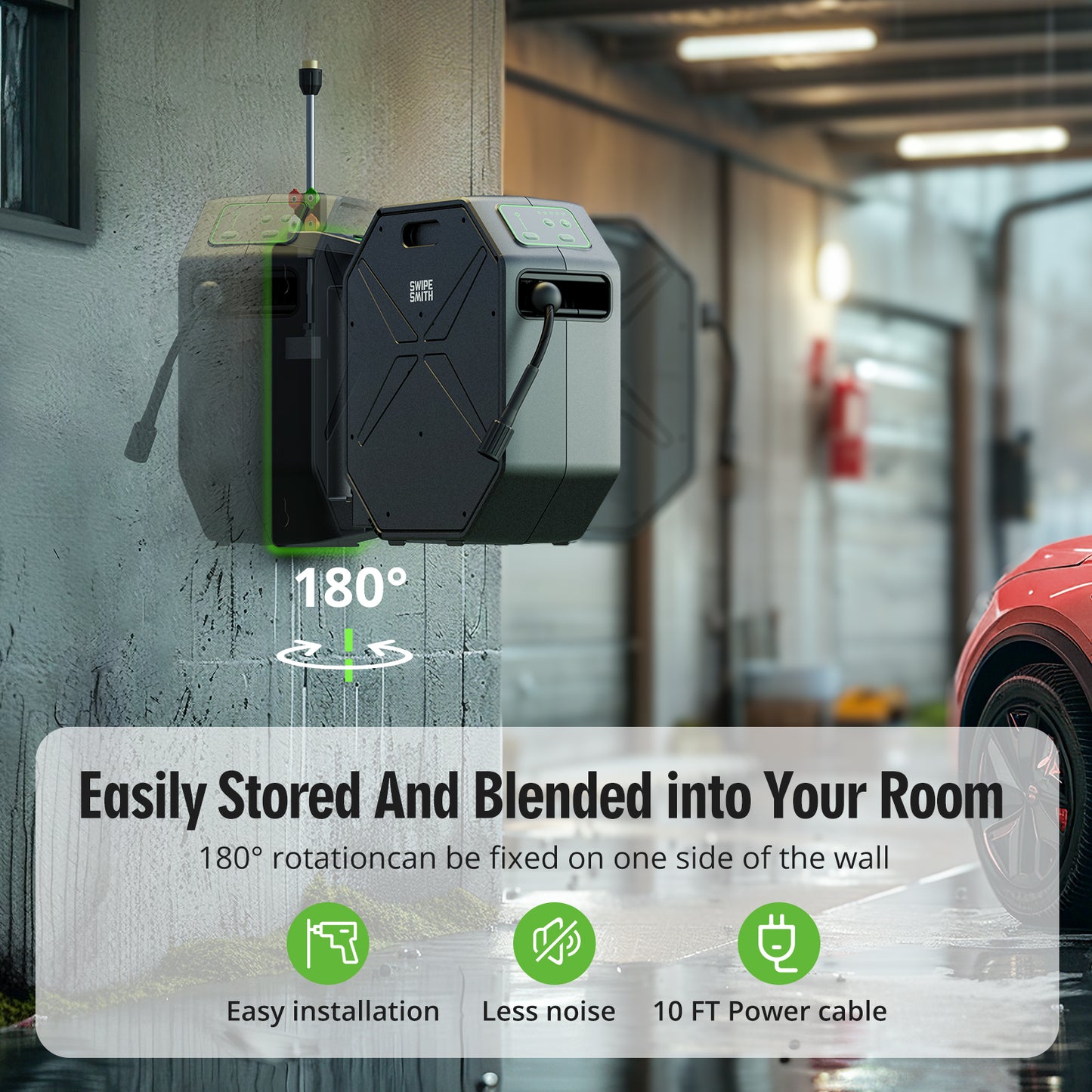 SWIPESMITH Wall-Mounted Pressure Washer, Remote Controlled Power Washer with 100ft Replaceable & Retractable Reel