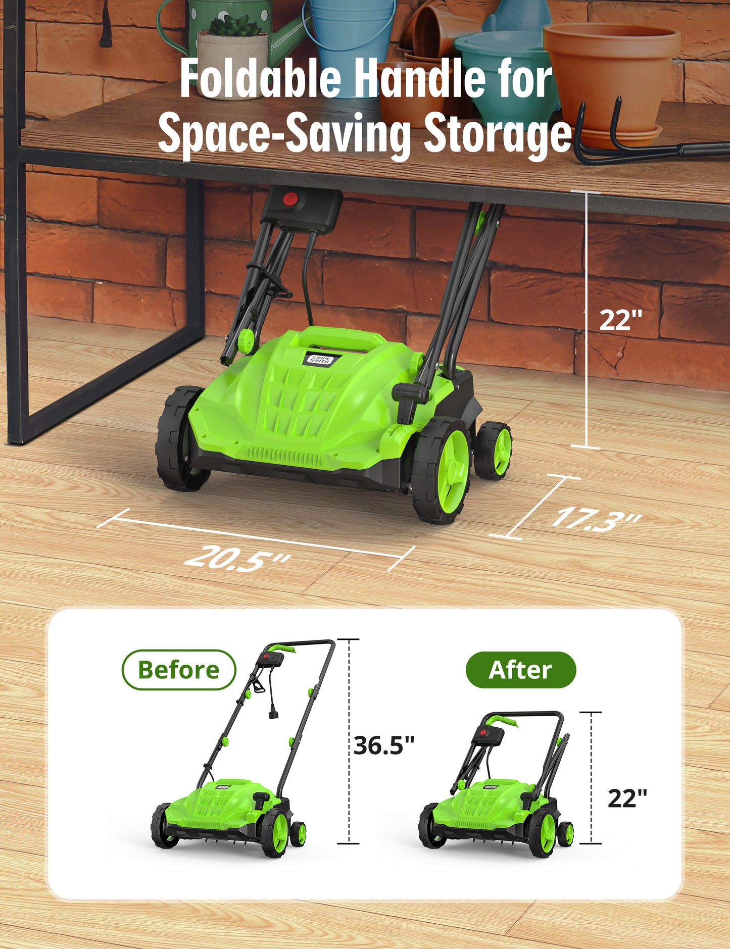 SWIPESMITH 14-Inch 12 Amp Electric Dethatcher Scarifier with 4-Position Depth Adjustment, Scarifier with Foldable Handle Two Safety Switches for Lawn Garden Yard