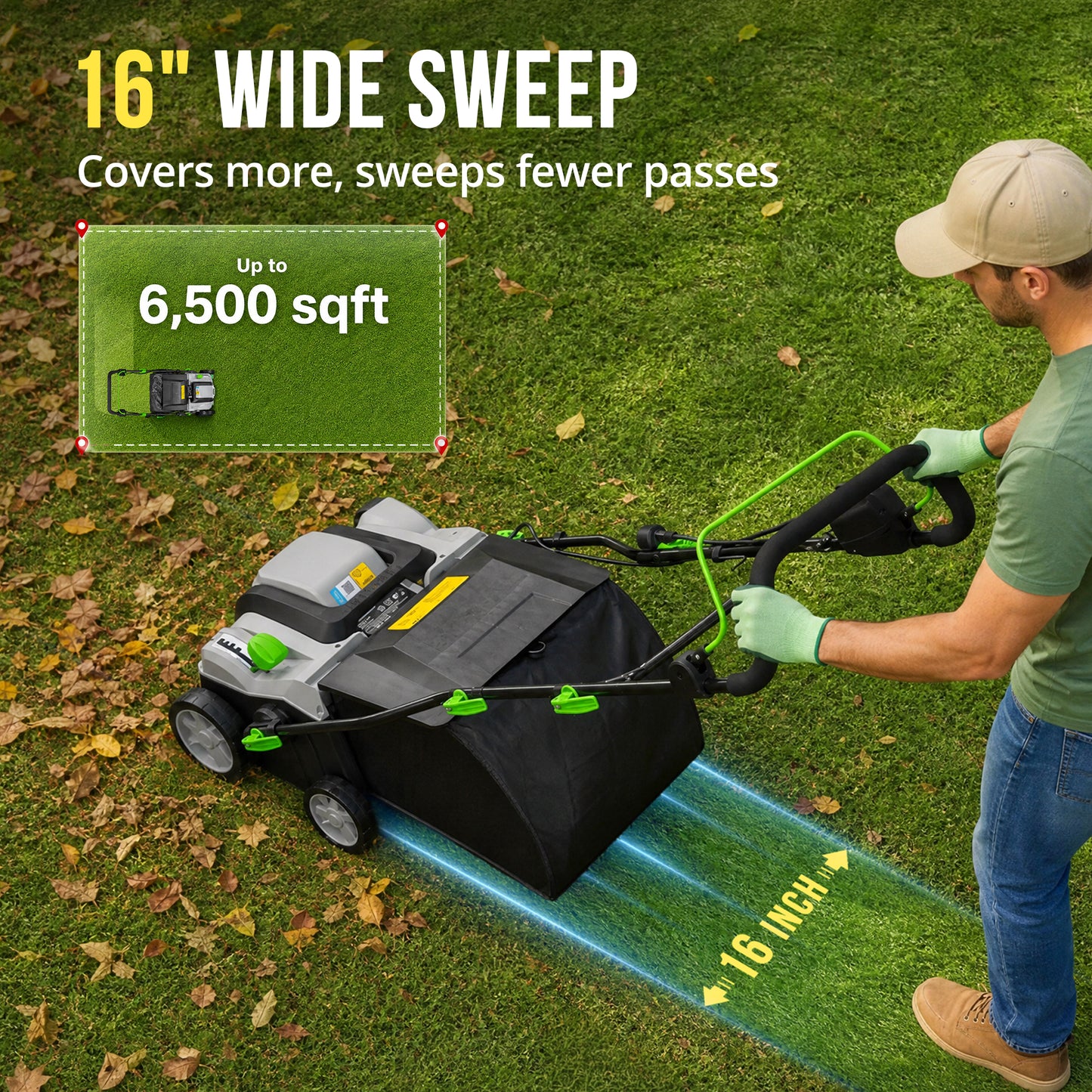 16" Artificial Grass Sweeper 2000W Artificial Turf Vacuum 2000W Lawn Sweeper Yard Power Brush with 55L Removable Leaf Collection Bag, Quick-Fold, Keeps Clear Sweepy Box