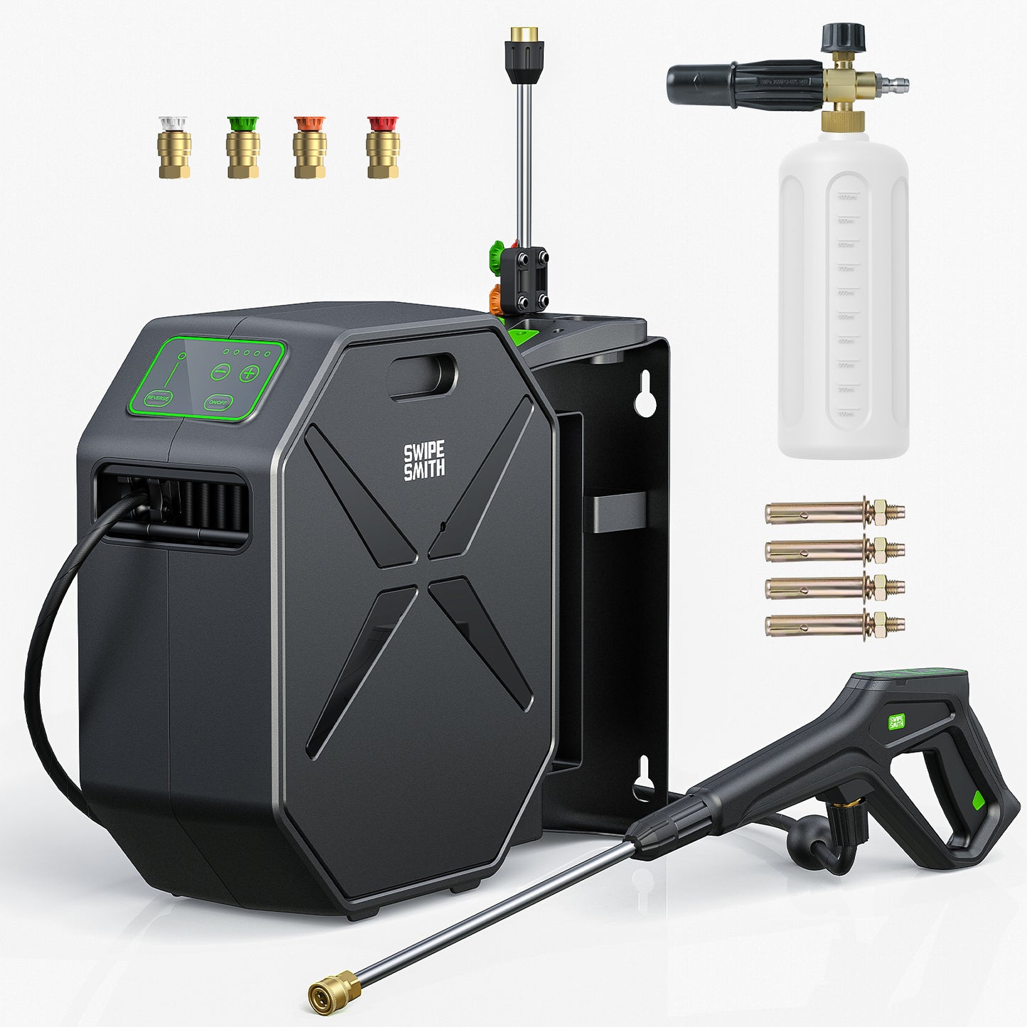 SWIPESMITH Wall-Mounted Pressure Washer, Remote Controlled Power Washer with 100ft Replaceable & Retractable Reel