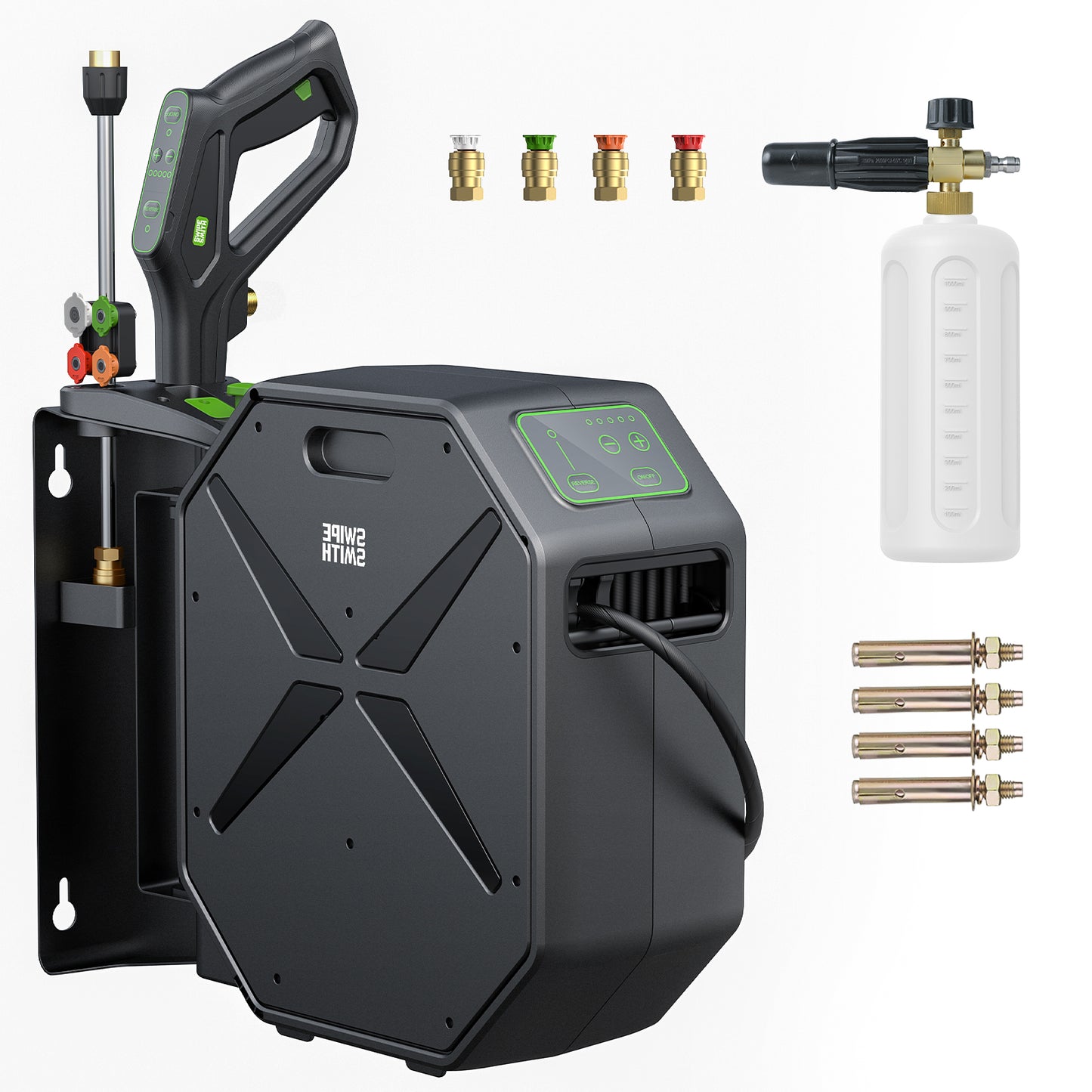SWIPESMITH Wall-Mounted Pressure Washer, Remote Controlled Power Washer with 100ft Replaceable & Retractable Reel