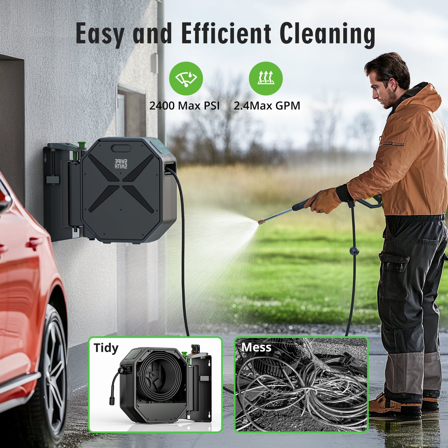 SWIPESMITH Wall-Mounted Pressure Washer, Remote Controlled Power Washer with 100ft Replaceable & Retractable Reel