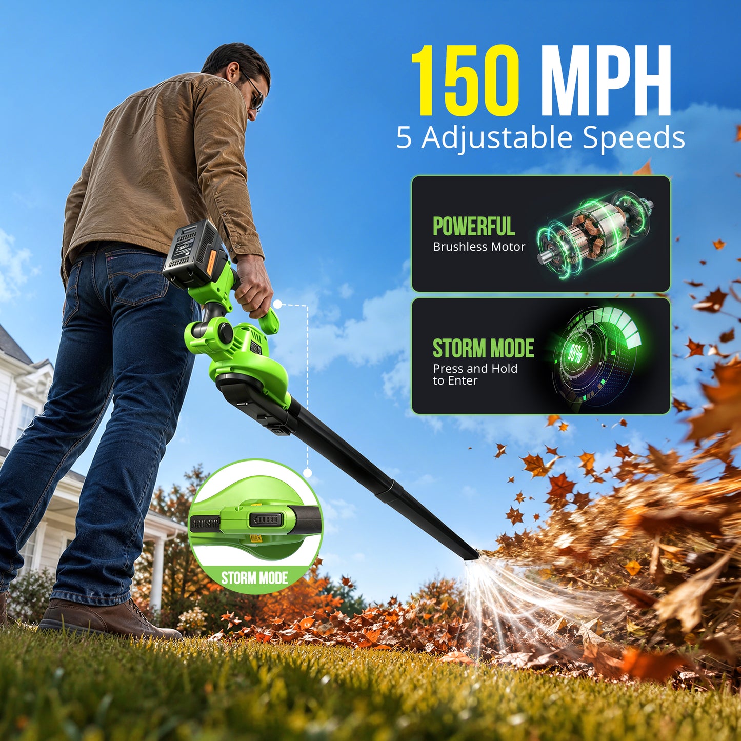 Cordless Leaf Blower & Vacuum, SI-GH004 150MPH Brushless Motor, 2-in-1 Blow & Suction with 2 x 4.0Ah Batteries, 8 Speed Modes, Lightweight Handheld Blower for Driveway, Patio, Garage Hard Surface Cleaning