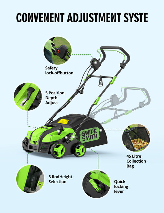 SWIPESMITH 16-Inch 1800W Grass SweeperArtificial Turf Vacuum 15 Amp Lawn Sweeper Yard Power Brush with 45L Removable Leaf Collection Bag