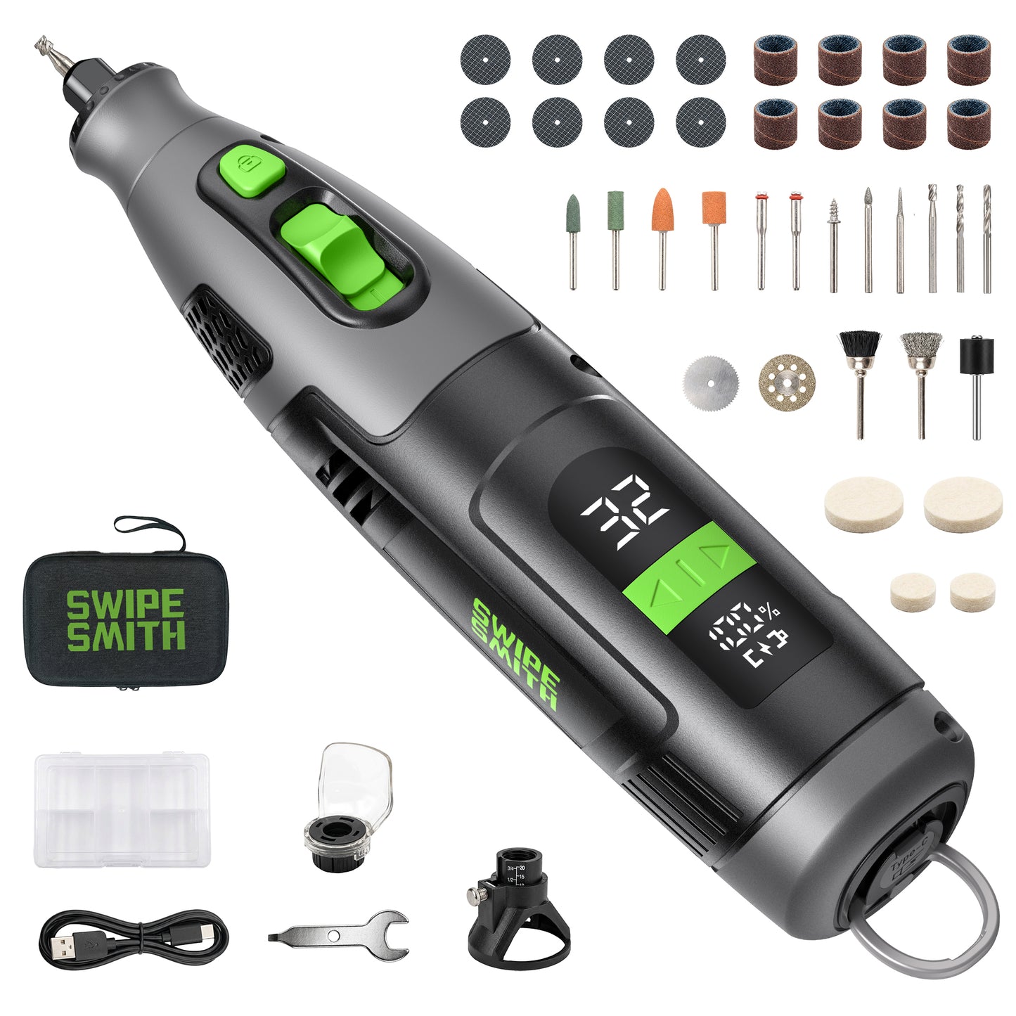 SWIPESMITH PHT001 12V Power Rotary Tools, 8000~32000RPM, 2.5Ah Cordless Rotary Tool Kit with LCD Display, 40pcs Accessories, Variable Speed for Grinding, Cutting, Wood Carving, Sanding, Engraving, DIY, Woodworking