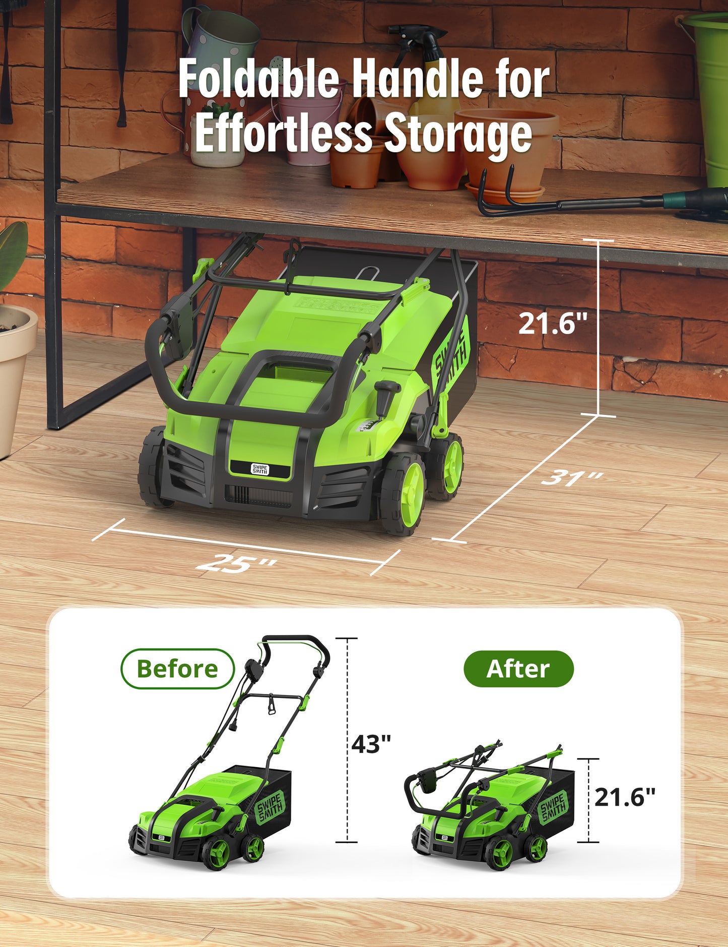 SWIPESMITH 16-Inch 15 Amp Electric Dethatcher Scarifier with 5-Position Depth Adjustment, 14.5 Gal Removable Thatch Collection Bag