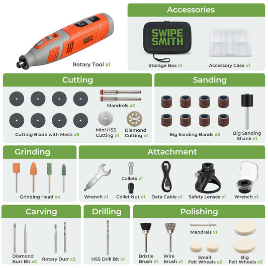 SWIPESMITH PHT001 12V Power Rotary Tools, 8000~32000RPM, 2.5Ah Cordless Rotary Tool Kit with LCD Display, 40pcs Accessories, Variable Speed for Grinding, Cutting, Wood Carving, Sanding, Engraving, DIY, Woodworking