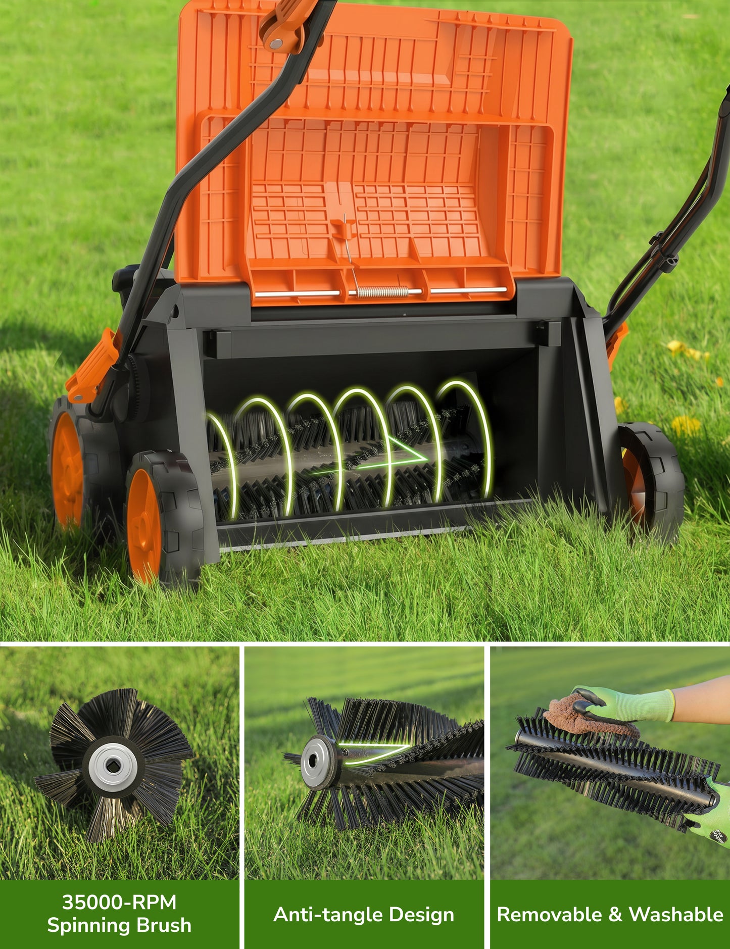 16" Artificial Grass Sweeper 2000W Artificial Turf Vacuum 2000W Lawn Sweeper Yard Power Brush with 55L Removable Leaf Collection Bag, Quick-Fold, Keeps Clear Sweepy Box