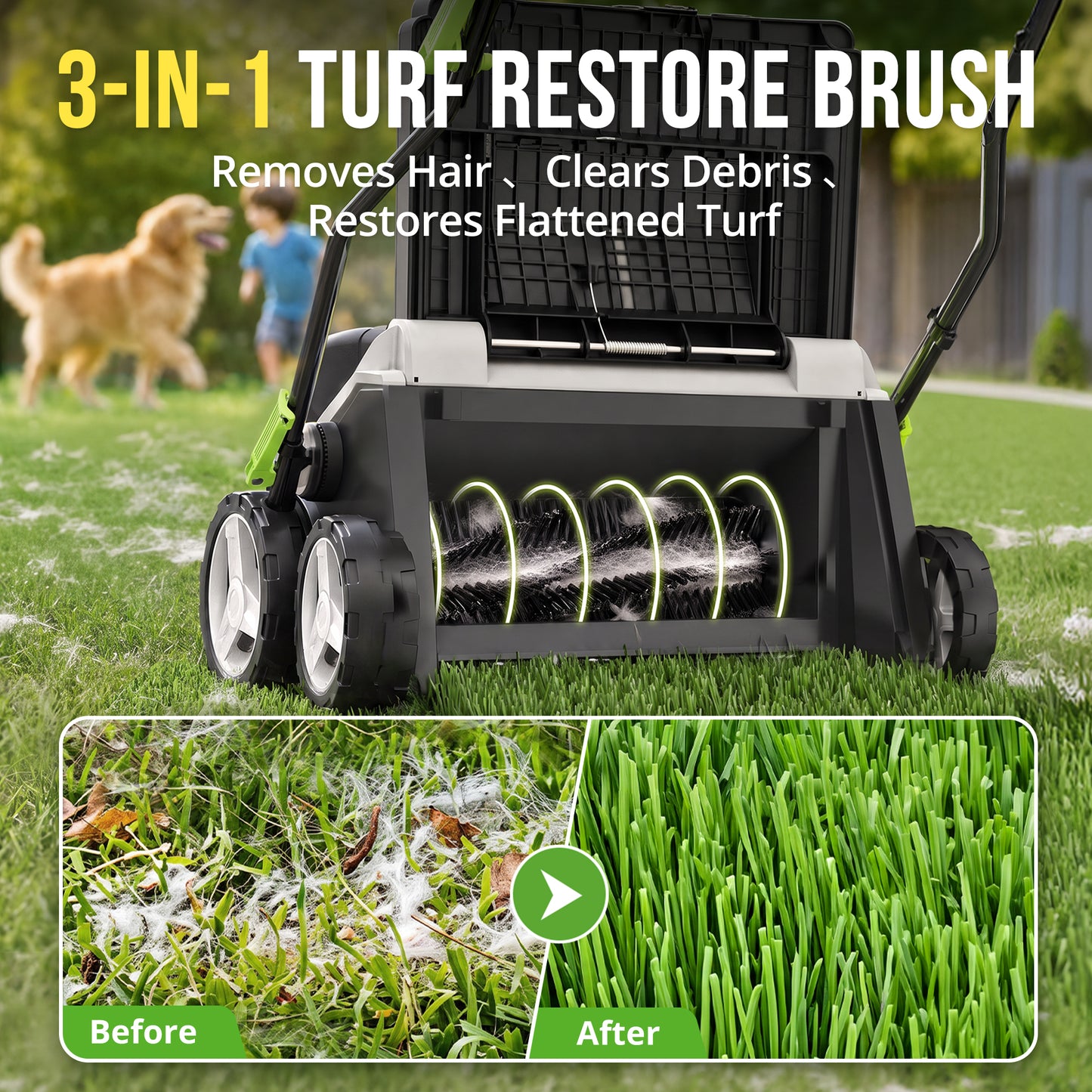 16" Artificial Grass Sweeper 2000W Artificial Turf Vacuum 2000W Lawn Sweeper Yard Power Brush with 55L Removable Leaf Collection Bag, Quick-Fold, Keeps Clear Sweepy Box