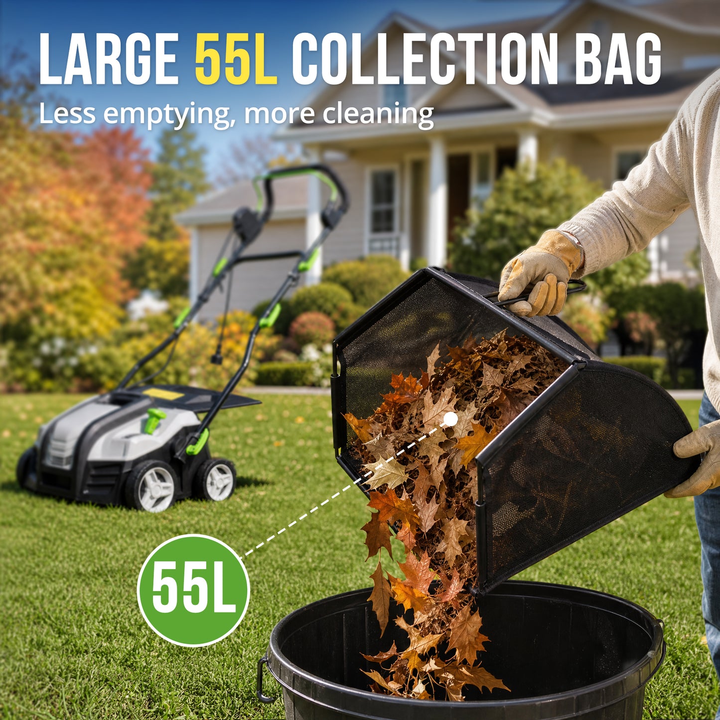 16" Artificial Grass Sweeper 2000W Artificial Turf Vacuum 2000W Lawn Sweeper Yard Power Brush with 55L Removable Leaf Collection Bag, Quick-Fold, Keeps Clear Sweepy Box