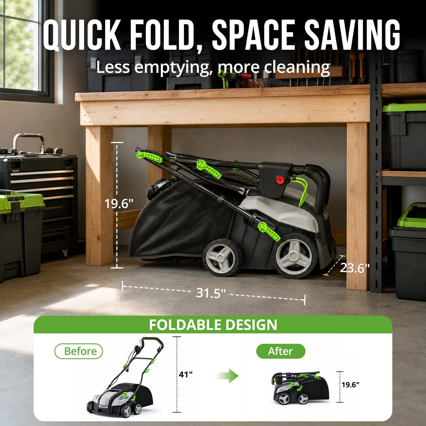 16" Artificial Grass Sweeper 2000W Artificial Turf Vacuum 2000W Lawn Sweeper Yard Power Brush with 55L Removable Leaf Collection Bag, Quick-Fold, Keeps Clear Sweepy Box