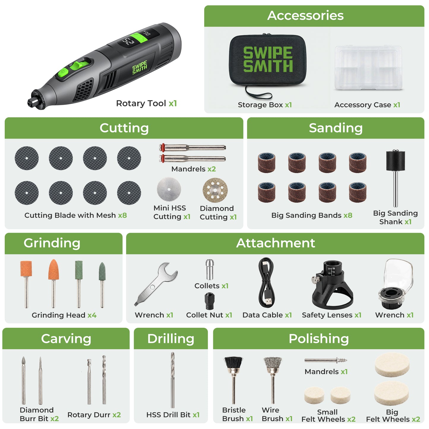 SWIPESMITH PHT001 12V Power Rotary Tools, 8000~32000RPM, 2.5Ah Cordless Rotary Tool Kit with LCD Display, 40pcs Accessories, Variable Speed for Grinding, Cutting, Wood Carving, Sanding, Engraving, DIY, Woodworking