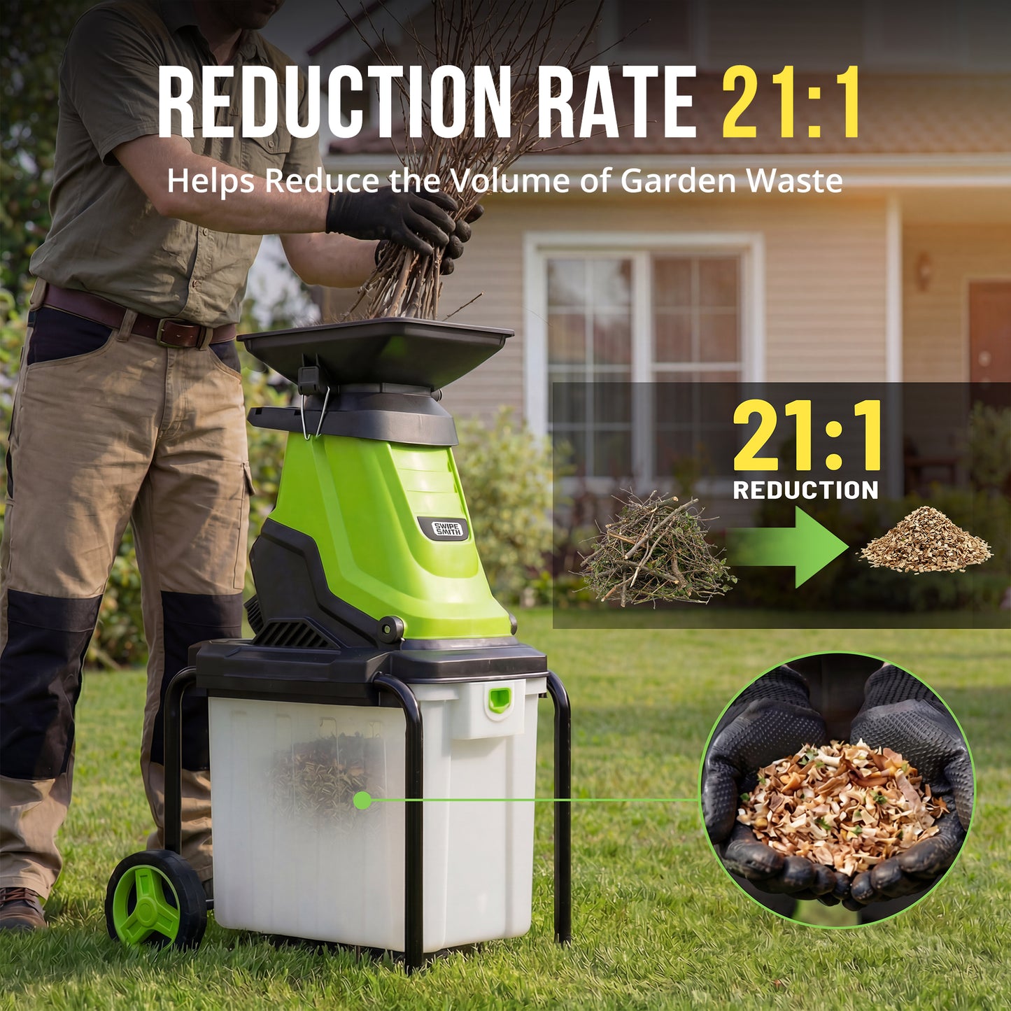 SI-GH003 Wood Chipper, 15-Amp 1.8" Cutting Diameter Electric Wood Chipper & Shredder with 50L Collection Bag, Efficient Mulcher for Easy Clean up Ideal for Yard Waste and Branches
