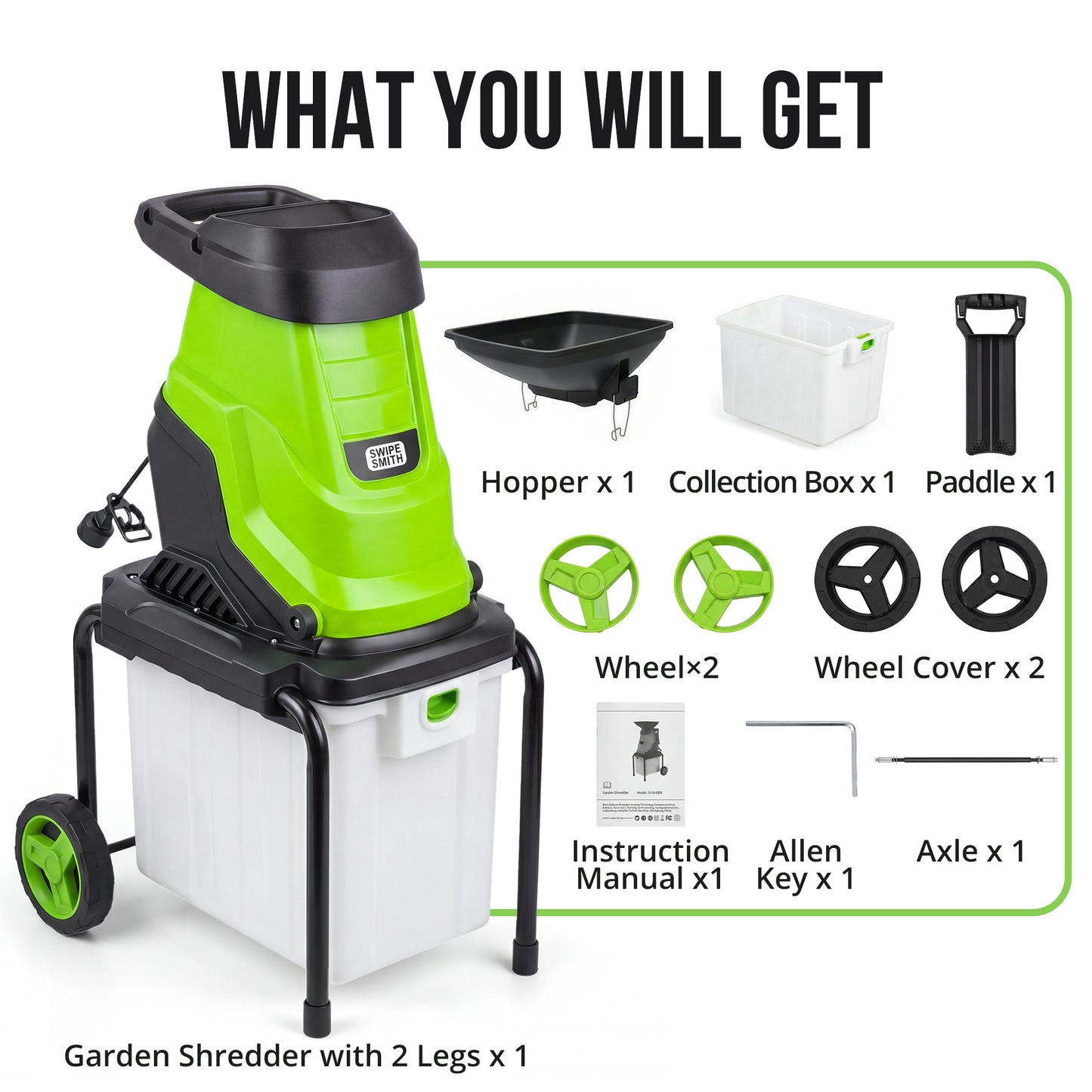 SI-GH003 Wood Chipper, 15-Amp 1.8" Cutting Diameter Electric Wood Chipper & Shredder with 50L Collection Bag, Efficient Mulcher for Easy Clean up Ideal for Yard Waste and Branches